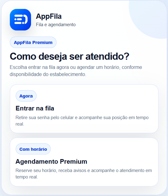 Tela inicial do AppFila com opções de fila e agendamento